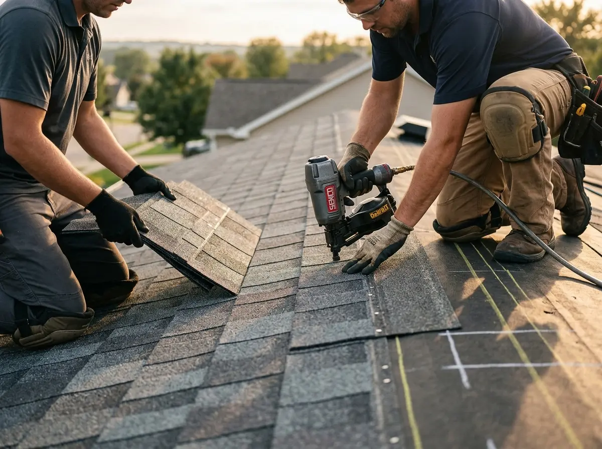 Professional roofer working on a residential roof in Grand Forks